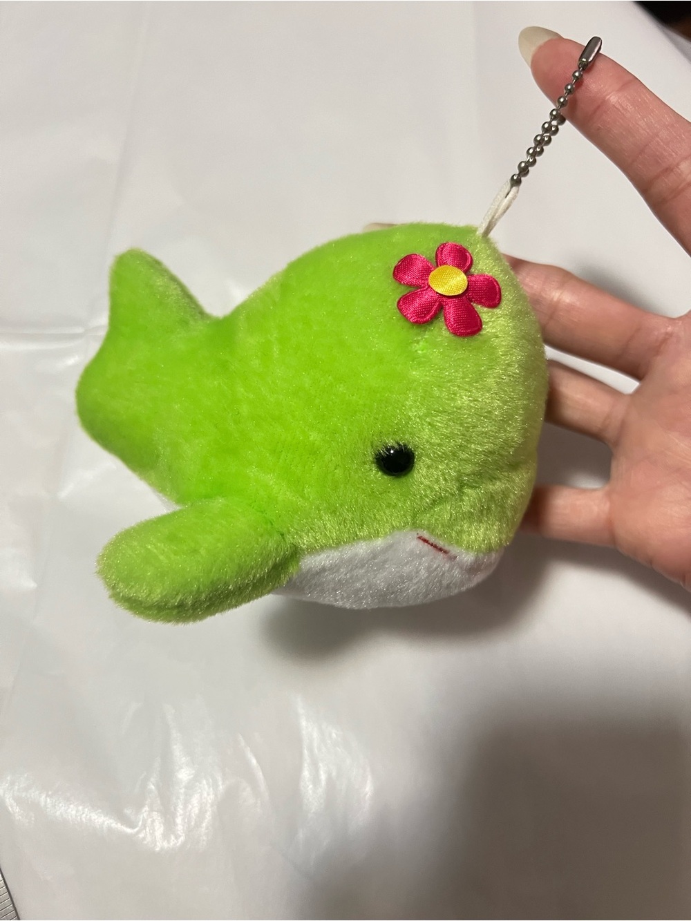 Green Plush Whale Keychain or Purse Pal with Pink Flower Accent